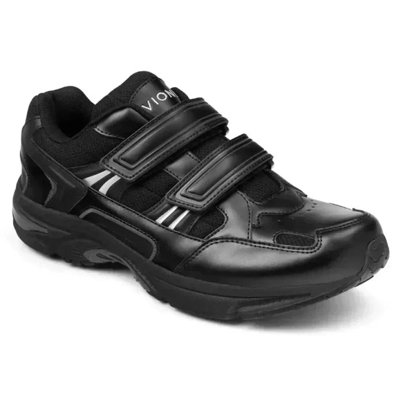 Vionic  Albert Walking Sneaker Black Leather Hook Loop - Picture 1 of 7